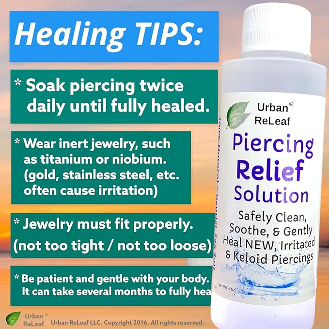 Urban ReLeaf PIERCING RELIEF Solution ! Safely Clean, Soothe Gently Calm New, Irritated and Bumpy Piercings. 100 Natural Sea Salt, Tea Tree, Rosemary