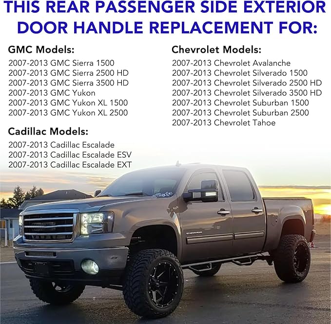 Exterior Chrome Door Handle Rear Right Passenger Side Replacement for 2007-2013 Chevy Avalanche Silverado Suburban Tahoe,GMC Sierra Yukon XL,Cadillac Escalade ESV Replace 15915660,80547,22738726