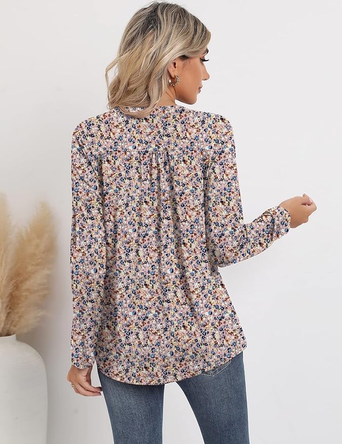 3/4 Sleeve Tops for Women V Neck Henley Long Sleeve Dressy Casual Shirts Ladies Loose Button-up Blouses Tunic