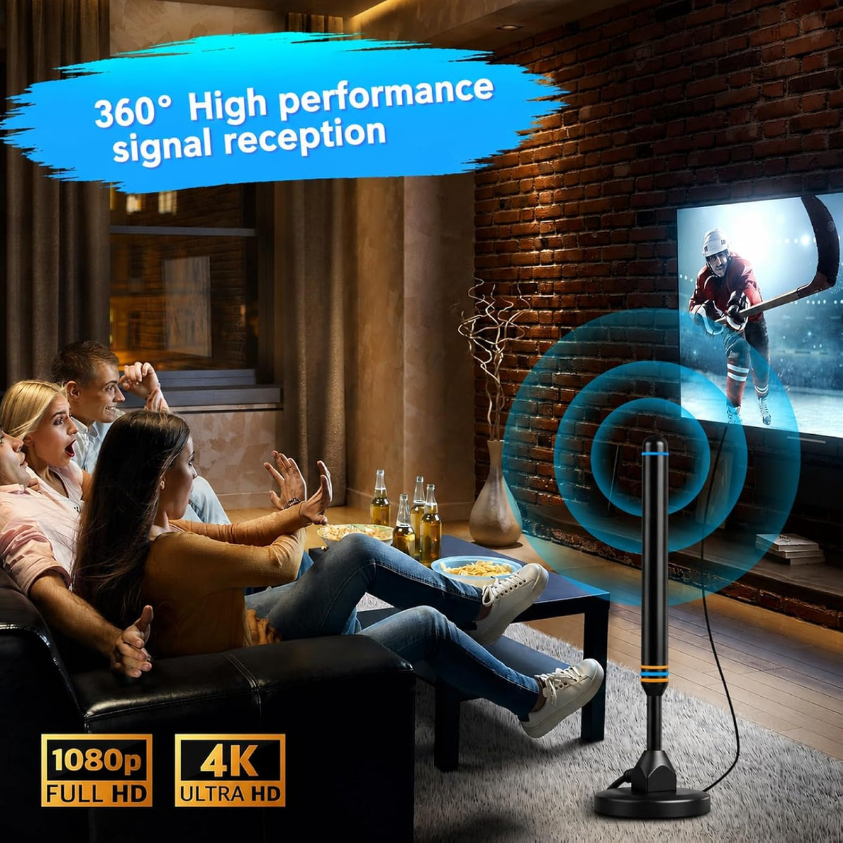 TV Antenna Indoor Antenna for Smart TV for Long Range Reception and All Smart TVs HD Digital Antenna with Amplifier Signal Booster for Local Channels Supports 4K 1080p-Interchangable Orange/Blue color rings