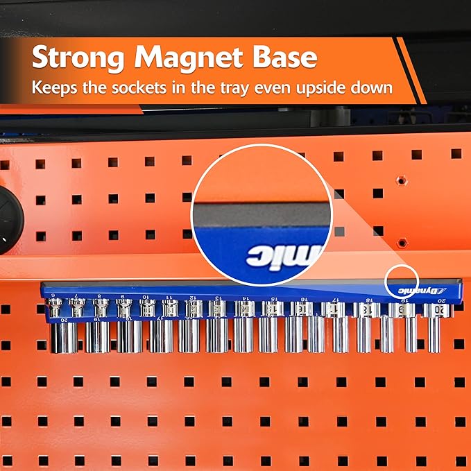 Magnetic Socket Organizers, 14", 38" and 12" Drive, SAE and Metric, Quality Tool Box Organizers (38 Dr. SAE, Red, Holds 26 Sockets)