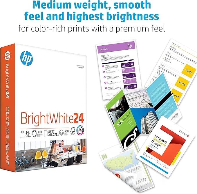 HP Papers 8.5 x 11 Paper BrightWhite 24 lb 1 Ream - 500 Sheets 100 Bright Made in USA - FSC Certified 203000R