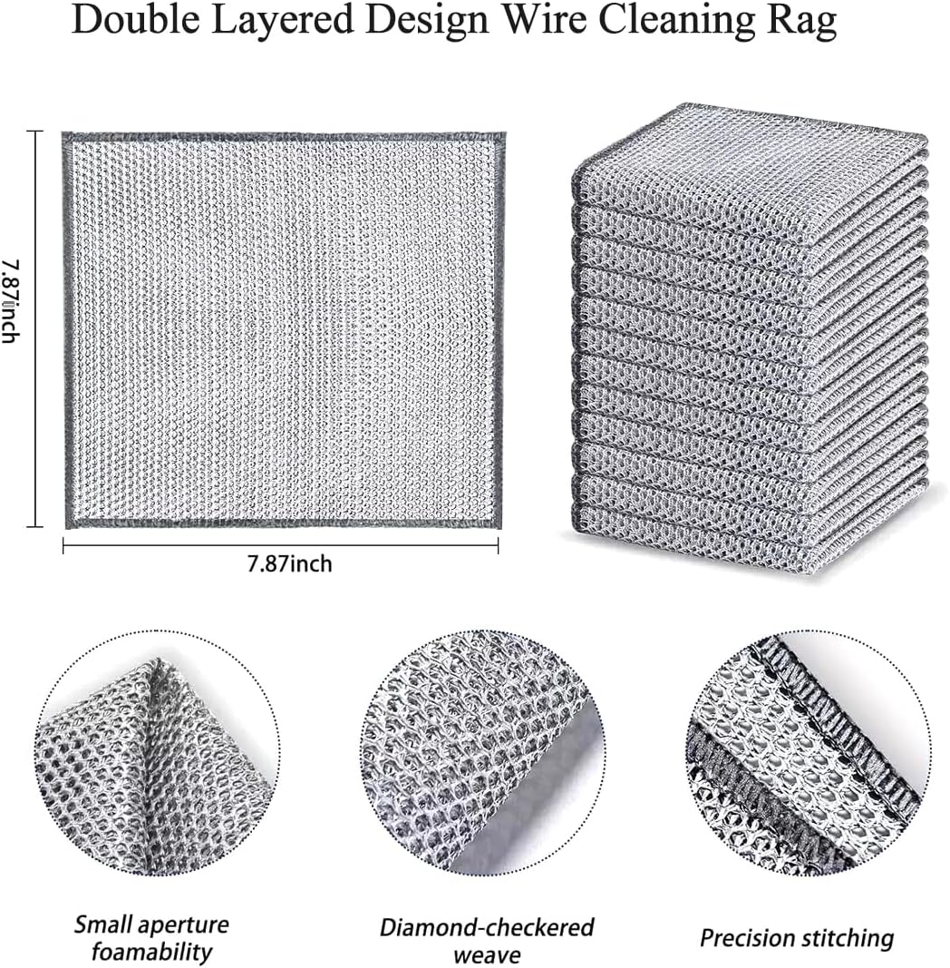 10 PCS Double Layer Stainless Steel Scrubber Wire Dishwashing Cloth Non Scratch Stainless Steel Mesh Dish Cleaning Cloth 20x20cm Metallic Wire Cleaning Rag Towel for Kitchen Dish Sink Stove Top