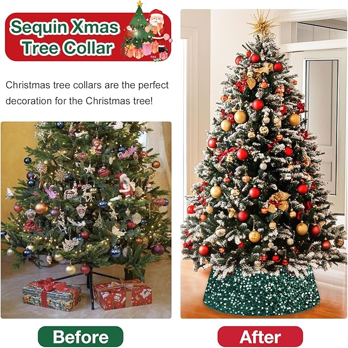 Christmas Tree Collar Hunter Green 24 Inch Xmas Tree Ring Sparkling Sequin Christmas Tree Basket Skirt for Christmas Tree Decor Glitter Velvet Tree Collars Tree Skirt for Xmas Party Occasions