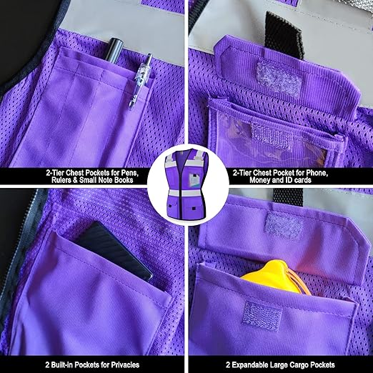 TCCFCCT Safety Vest for Women 11 Pockets Mesh Reflective Vest with Zipper, High Visibility Neon Construction Work Vest for Lady Workers/Surveyors/Drivers, Snug-Fit & Durable, ANSI Compliant, Purple M