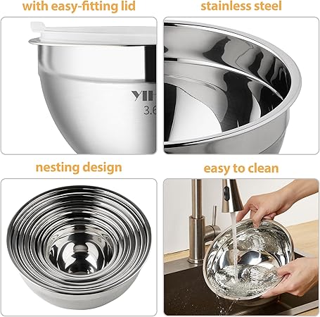 YIHONG 7 Piece Metal Mixing Bowls with Lids for Kitchen, Stainless Steel Set Ideal for Baking, Prepping, Cooking and Serving Food, Nesting Design for Space Saving Storage(White)