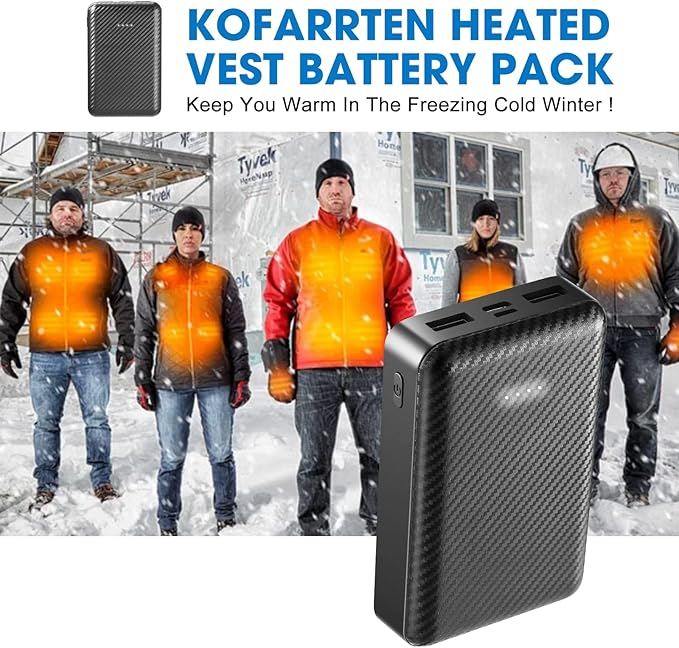 Heated Vest Battery Pack, 5V 2A 10000 mAh Power Bank for Heated Vest Heated Jacket, Dual USB Heated Vest Battery Charger, Battery Phone Charger for iPhone, Android