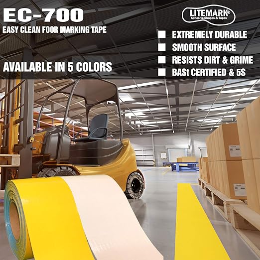 LiteMark Smooth Floor Marking Tape, EC-700 Heavy Duty Thick, Easy to Keep Clean, Warehouse, Yellow (4 Inches by 108 Feet)