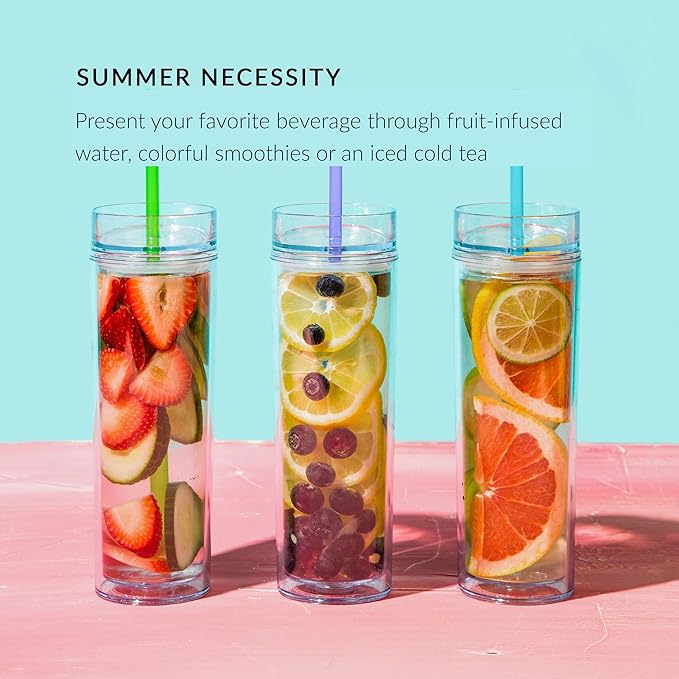 Maars Drinkware Double Wall Insulated Skinny Acrylic Tumblers with Straw and Lid, 16 oz. (4 pack, Clear)