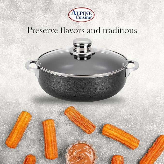 Alpine Cuisine 3.5 Quart Nonstick Cauldron with Glass Lid Multipurpose Aluminum Dutch Oven for Braising - Boiling - Stewing Nonstick Coating with Black Finish