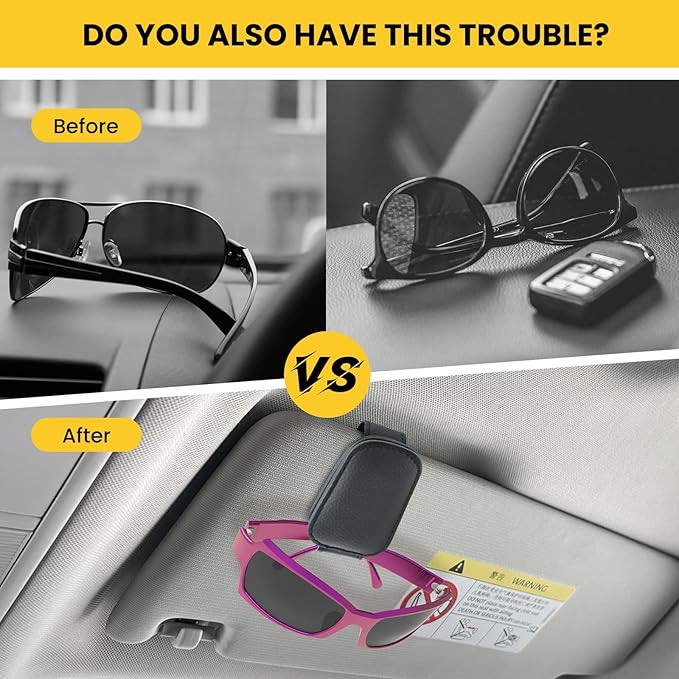 Magnetic Sunglasses Holder for Car Visor Clip, Car Visor Sunglasses Holder Clip, Car Leather Glasses Holder, with Hidden Magnetic Closure, Auto Interior Accessories, 1 Pack (Black)