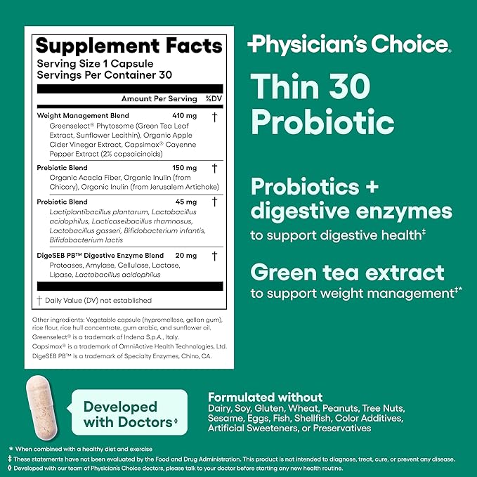 Physician's CHOICE Probiotics for Weight Management Bloating - 6 Probiotic Strains - Prebiotics - Key ingredient Cayenne - Supports Gut Health - Weight Management for Women Men - Green Tea - 30 CT