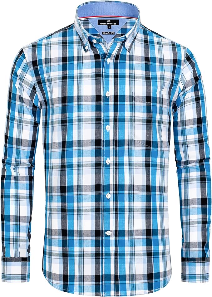 Alimens & Gentle Men's Plaid Button Down Shirts Cotton Long Sleeve Dress Shirts Regular Fit Gingham Shirts