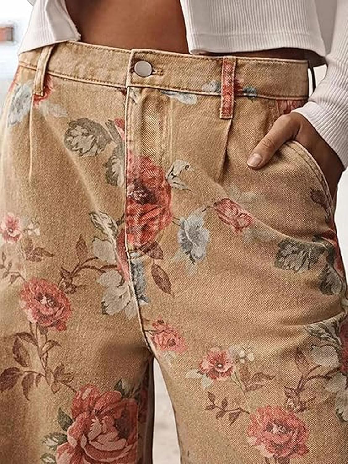 FLAMINGALS Women Mid Rise Cropped Wide Leg Jeans Baggy Floral Ankle Pants Denim Capris Flare Print Boho Palazzo Jeans Boyfriend