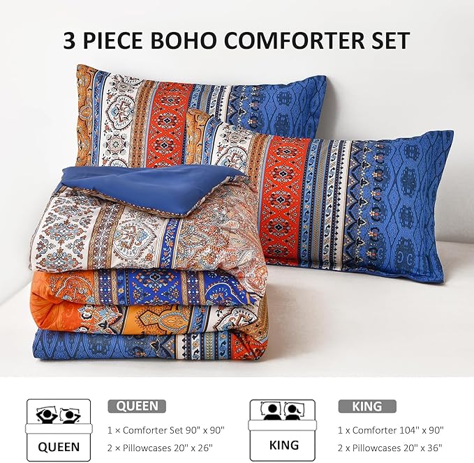 Boho Comforter Queen Size, 3 Piece Blue Orange Bohemian Striped Western Comforter Set, Ultra Soft Lightweight Microfiber Boho Hippie Bedding Set with 2 Pillow Shams for All Seasons