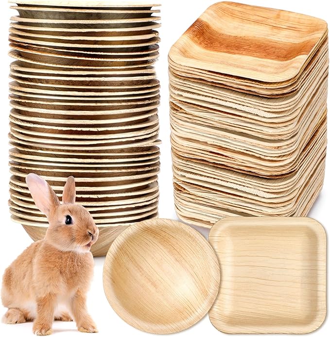 Set of 50 4-inch disposable palm leaf plates for rabbits, sturdy bamboo bowls for parties, compostable decorative tableware for rabbits, Easter, birthday, outdoors