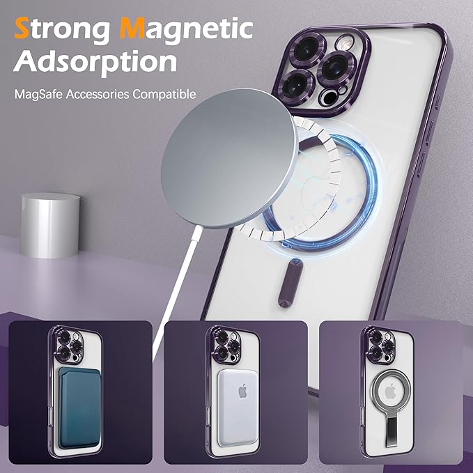 Magnetic Clear Case for iPhone 14 Plus with Full Camera Lens Protection,Compatible with MagSafe,Plating Soft TPU Phone Case,Anti-Scratch Shockproof Slim Cover for Women Gilrs Men - Purple