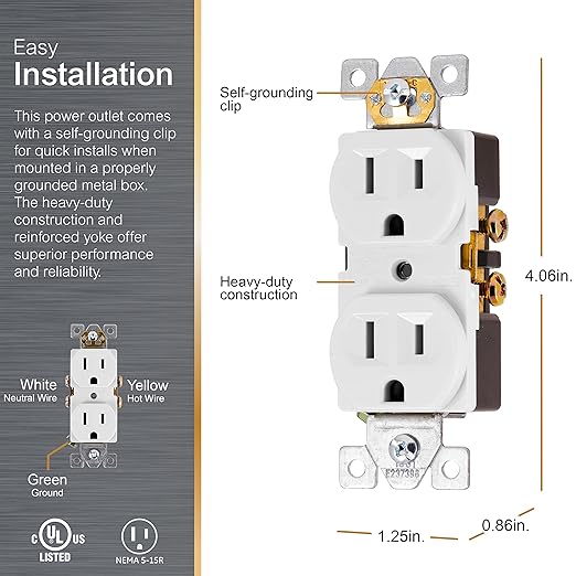 GE UltraPro Duplex Heavy-Duty Receptacle, White, Wall Outlet, Reinforced Yoke, Self-grounding Clip, 3 Prong, Supports 15A, UL Listed, 42157