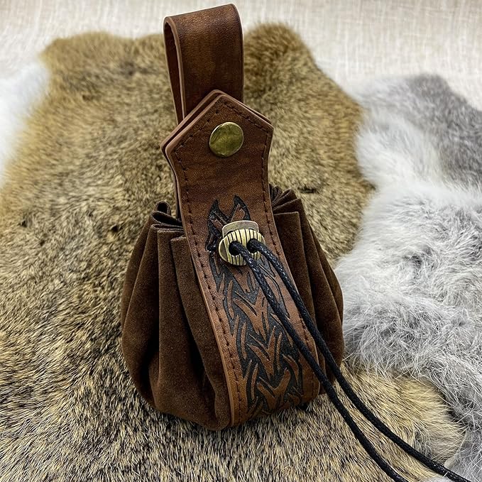 Medieval Faux Leather Pouch,Viking Belt Pouch,Retro Nordic Belt Pack,Portable Drawstring Purse,Dice Bag For Hiking Archery LARP Renaissance Faire Costume