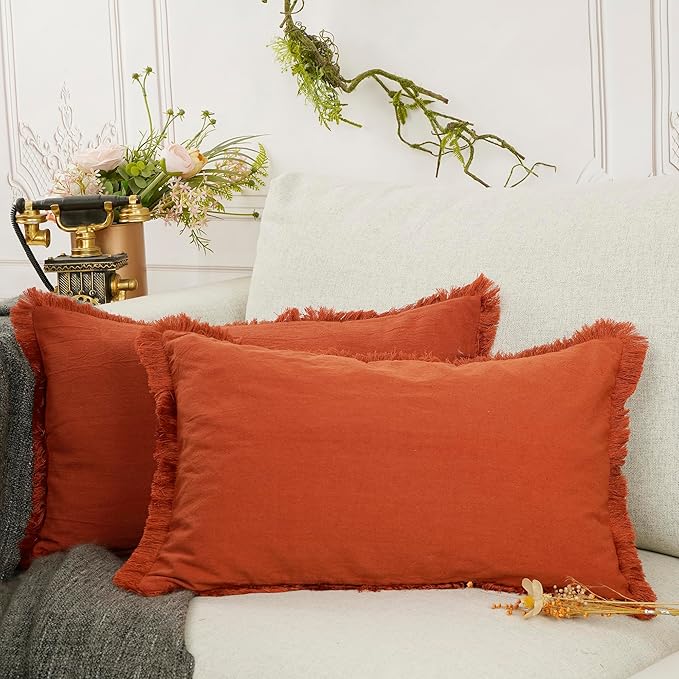 YOUR SMILE Throw Pillow Cases Pack of 2 Cotton Fringe Edges Dyed Soft Chenille Cushion Covers for Couch Sofa Home Farmhouse Decoration 12 x 20 inchOoaRust Orange