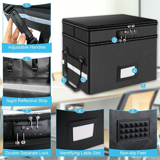 RHM Fireproof document box with lock, 2-layer fireproof file box for documents with handle, portable document box for home office, secure document box for