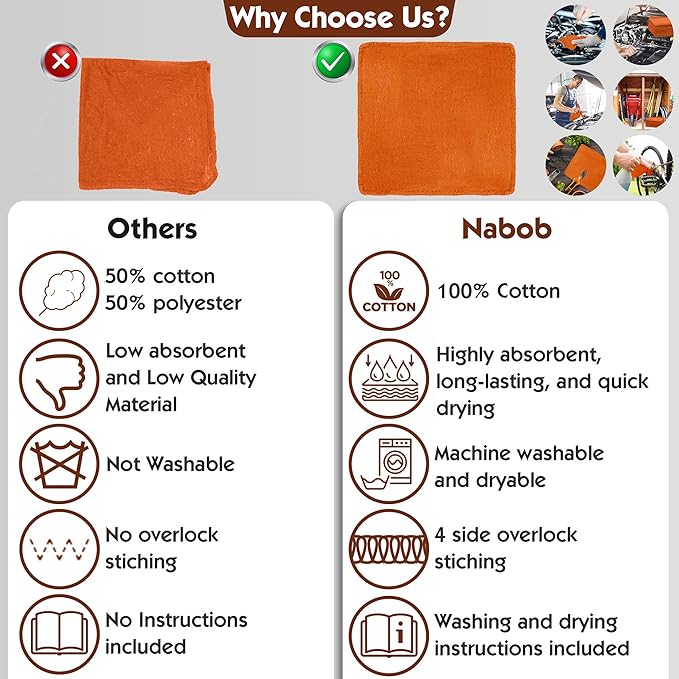 Nabob Wipers Auto Mechanic Shop Towels 100 Pack Bulk Rags 100 Cotton Commercial Grade Shop Rags Size 14"x14" (100 Pack, Orange)
