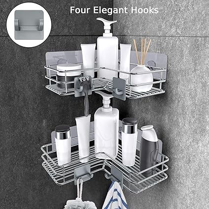 Nieifi Corner Shower Shelves Stainless Steel, Adhesive Shower Caddy Basket Rack with Hooks, Rust Proof for Bathroom Shelf Shampoo Holder (Silver, 2 Pack)