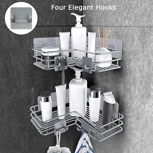 Nieifi Corner Shower Shelves Stainless Steel, Adhesive Shower Caddy Basket Rack with Hooks, Rust Proof for Bathroom Shelf Shampoo Holder (Silver, 2 Pack)
