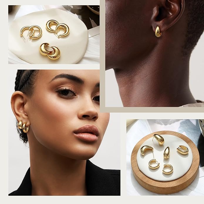 Gold Hoops Earrings for Women - 925 Sterling Silver Post, 14K Gold Plated Small Chunky Hypoallergenic Hoop Earrings, Thick Lightweight Huggie Earrings Jewelry
