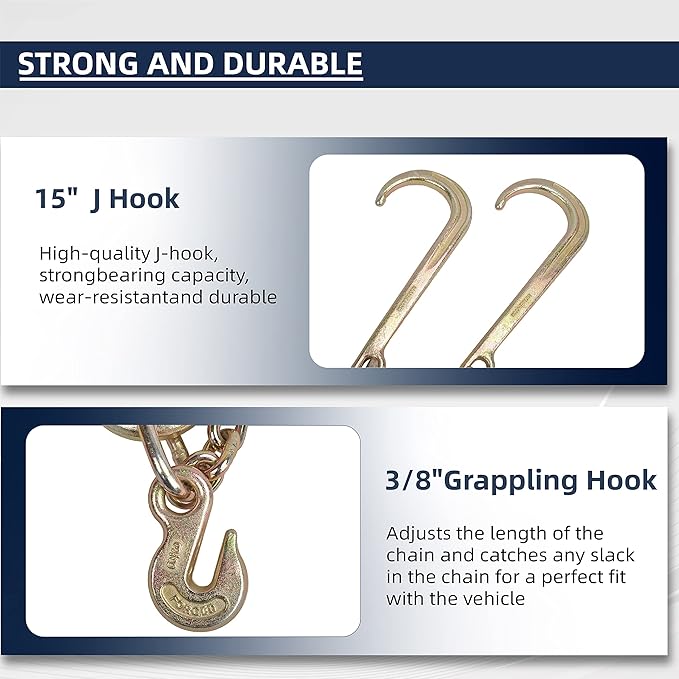 38" x 2' G70 Tow Chain V- Bridle with 15" Long Shank J Hooks and Grab Hooks, Flatbed Truck Trailer Safety Tow Chain, 7,800 lbs Safe Working Load