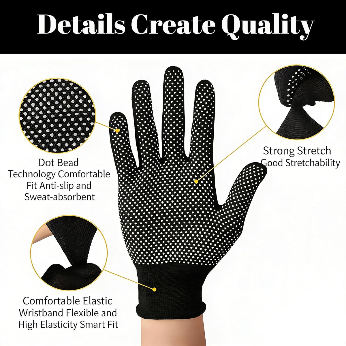 2 Pairs Work Gloves with Anti-Slip Grip Dots - Thin Breathable Cotton Gloves for Men & Women - Stretchy Cloth Gloves for Warehouse, Gardening & Woodworking (Black)