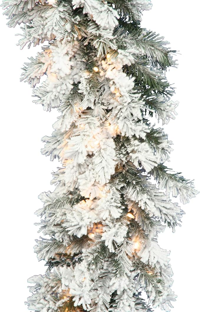 Vickerman 9' Flocked Alaskan Pine Artificial Christmas Garland, Clear Dura-lit Incandescent Mini Lights - Faux Pine Christmas Garland - Seasonal Indoor Home Decor
