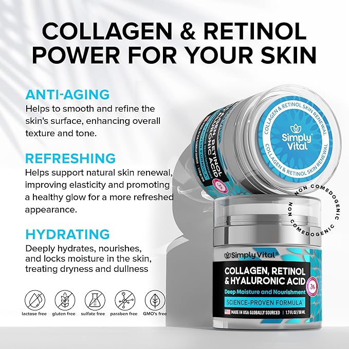 SimplyVital Collagen, Retinol Hyaluronic Acid Cream - Anti-Aging Face Moisturizer for Face, Neck Decollete - Made in USA, Daily Moisturizer Face Cream - 1.7 fl.oz.
