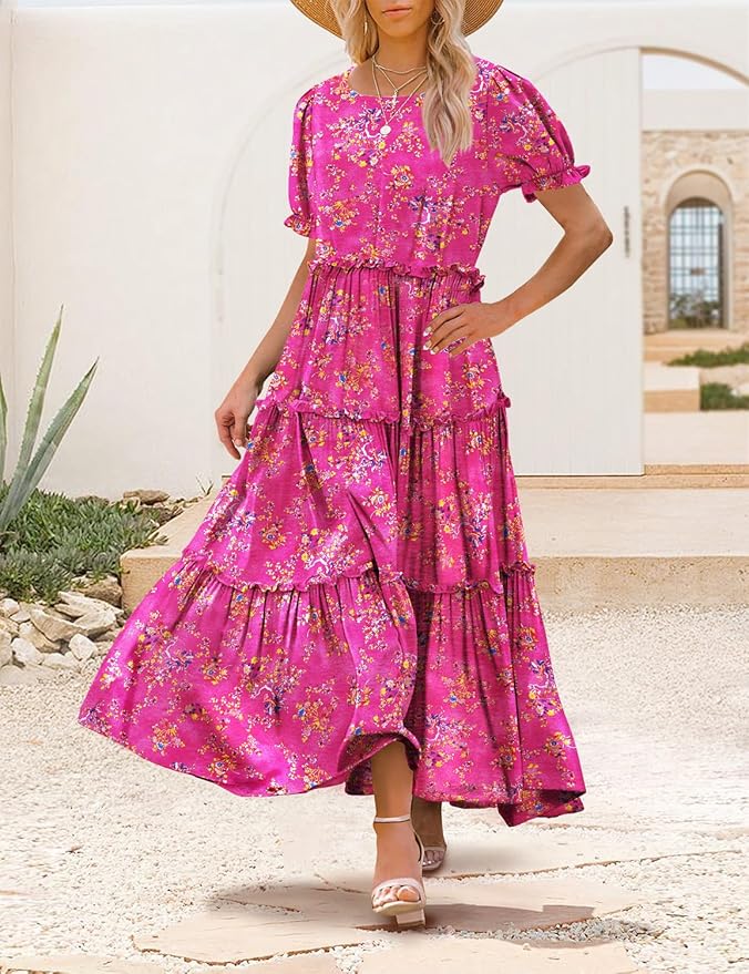 YESNO Summer Casual Bohemian Floral Dresses for Women Puff Short Sleeve Long Maxi Dress with Pockets ETX