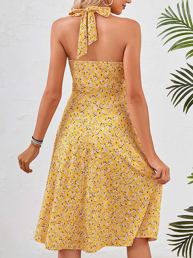 HUHOT Women's Summer Sundress Sleeveless Halter Neck Spring 2025 Floral with Pocket Elastic Waist Ruffle Mini Dresses