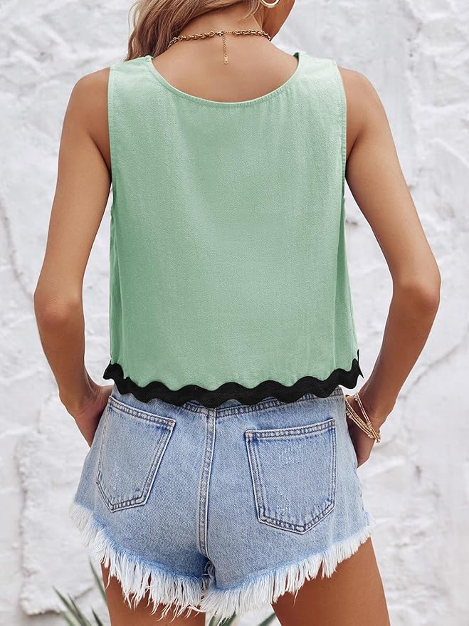 Tankaneo Womens Cropped Tank Tops Summer Casual Crew Neck Loose Fit Sleeveless Tee Shirts