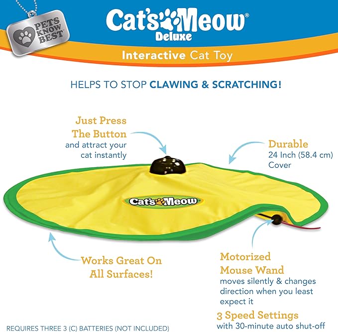 Cat's Meow Motorized Wand Cat Toy, Automatic 30 Minute Shut Off, 3 Speed Settings, The Toy Your Cat Can't Resist, Pets Know Best