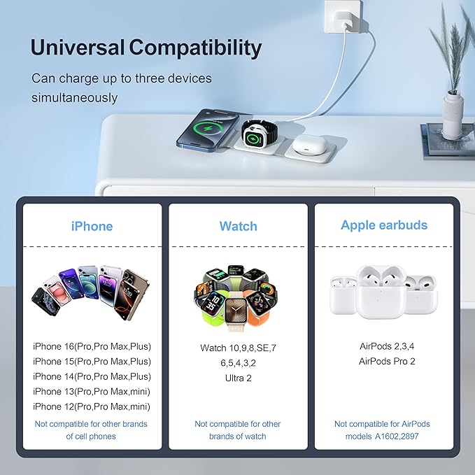 UCOMX 3 in 1 Charging Station for Multple Devices,Foldable 3 in 1 Wireless Charger for Travel,Nano Wireless Charging Station for iPhone16 15 14 13 12 Pro MaxWatch 10 9 8 7 6 5 4 3 UltraAirPod Pro
