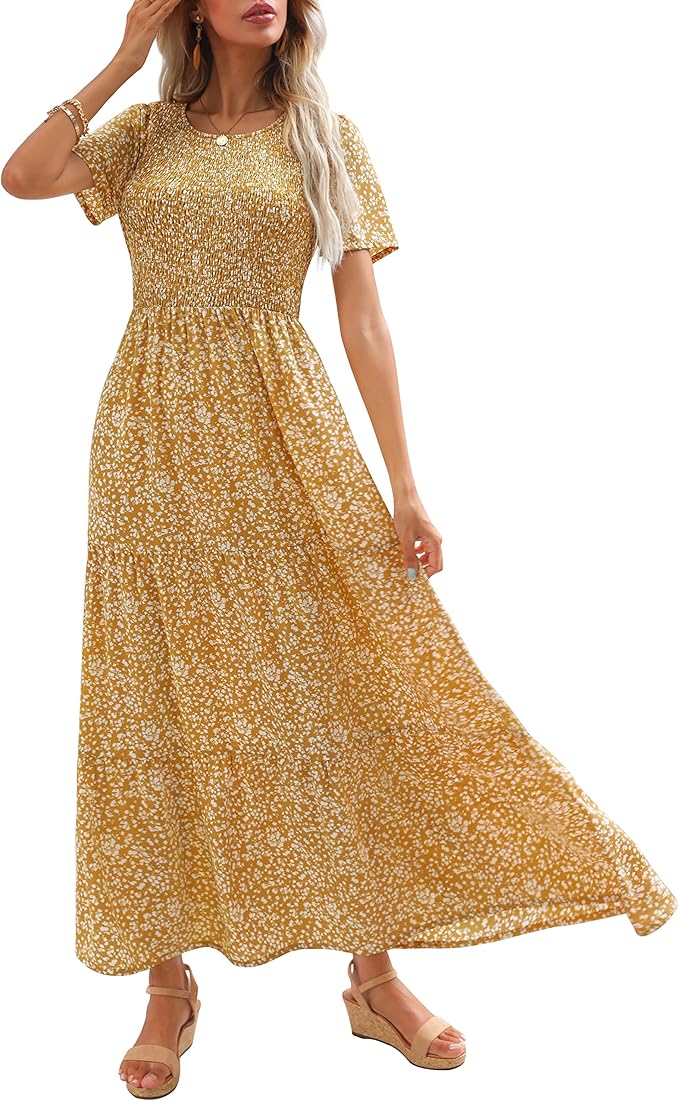 Maggeer Womens 2025 Spring Summer Smocked Wedding Guest Maxi Dress Casual Short Sleeve Floral Boho Flowy Long Dress