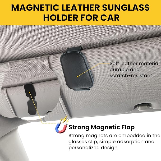 Magnetic Sunglasses Holder for Car Visor Clip, Car Visor Sunglasses Holder Clip, Car Leather Glasses Holder, with Hidden Magnetic Closure, Auto Interior Accessories, 1 Pack (Black)