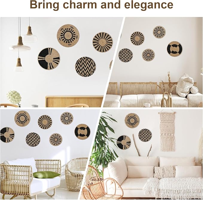 7 Pack Boho Wall Basket Decor, Hanging Woven Basket Wall Decor, Handmade Seagrass Rattan Wicker Wall Decoration, Round Rustic Bohemian Flat Seagrass Baskets for Home Living Room