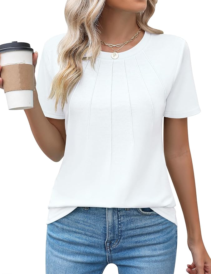 Kistore Womens Casual Crew Neck Short Sleeve Pleated Tops Blouses Fashion Clothes 2025