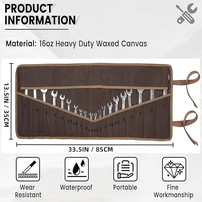 Tool Roll, Wrench Organizer Roll Up Tool Pouch with 24 Pockets Durable Waxed Canvas 16 OZ Portable Tool Storage Carrier Bag(33.5 X 13.5 IN Brown)