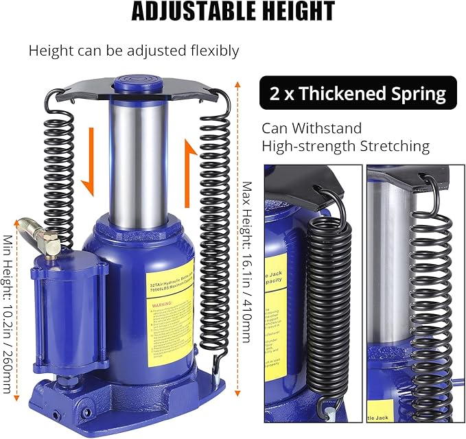 Pneumatic Air Hydraulic Bottle Jack with Manual Hand Pump, 32 Ton Capacity, Heavy Duty for Auto Repair and House Lift