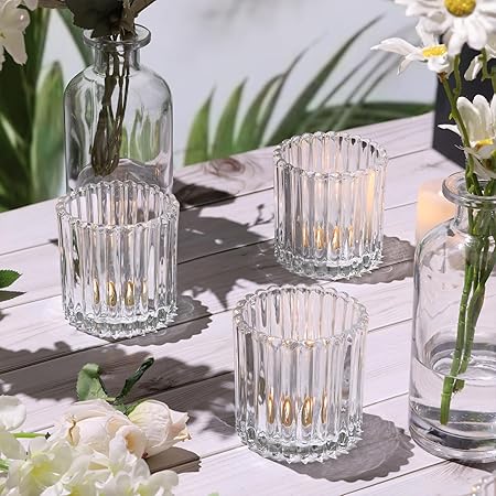 8pcs Large Clear Votive Candle Holders, 2.95"2.95" Ribbed Votive Candle Holder, Tealight Candle Holders for Votives, Floatings, Glass Candle Holder for Wedding, Table Centerpieces
