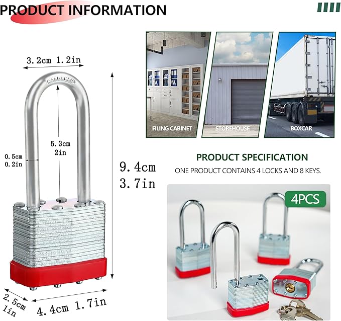 Pack of 4 Keyed-Alike Padlocks with Same Keys Long Shackle Hardened Steel Padlock with 8 Keys for Sheds Gates Fences Toolbox
