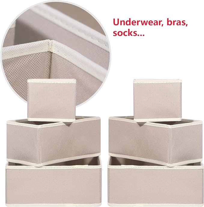 DIOMMELL 12 Pack Foldable Cloth Storage Box Closet Dresser Drawer Organizer Fabric Baskets Bins Containers Divider for Clothes Underwear Bras Socks Lingerie Clothing, Beige 444
