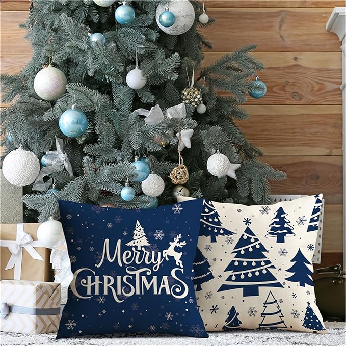 Christmas Pillow Covers 16x16 Blue Christmas Decorations Snowflake Throw Pillow Covers Xmas Tree Winter Holiday Decor Cushion Case for Sofa Couch Set of 4