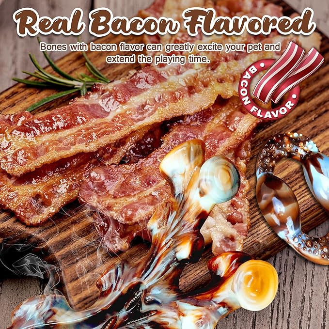 Pack of 4 dog chew toys for aggressive chewers, sturdy and indestructible bacon flavored dog toys, durable nylon bone toy for breeds