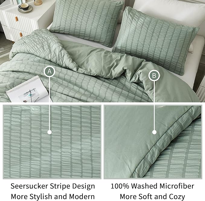 AveLom Seersucker Queen Comforter Set, Sage Green, 90x90, 3 Pieces